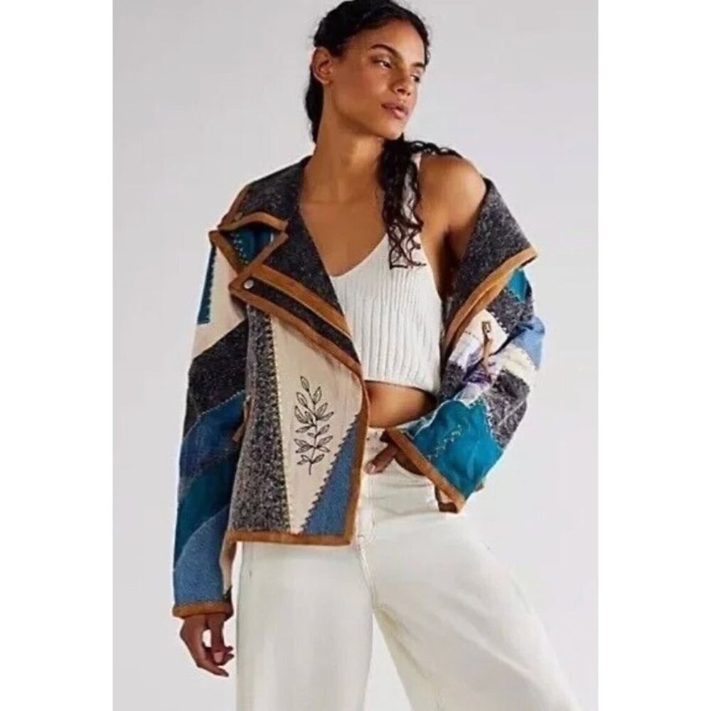 NEW Free People Leia Denim Suede Patched Moto Jacket Size XS $748 [jb] - Picture 2 of 10